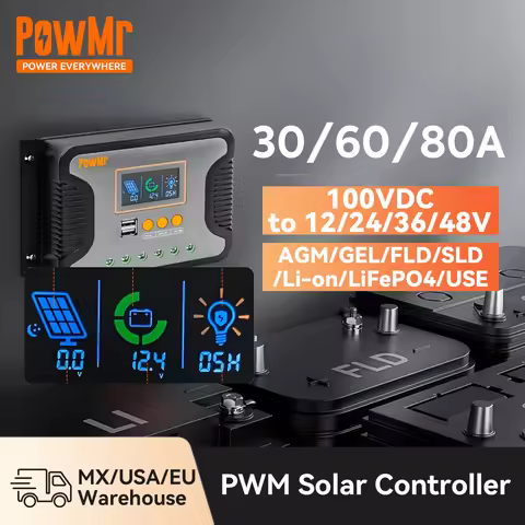 PowMr PWM Solar Panel Charge Controller 30A 60A 80A 12V 24V 36V 48V Solar Battery Voltage Controller