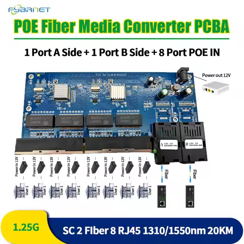 Reverse POE 100/1000M 2Fiber 8RJ45 Fiber Optical Media Converter Gigabit PCBA Fiber Optical PCBA Boa