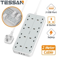 [Local Shipment] TESSAN 8 Socket Power Strip With 3 USB, 3-Pin Malaysia Plug Extension Lead Power Strip With 2.0 Meter Extension Cable Socket With Switch Plug Adapter Power Strip [TS-204]