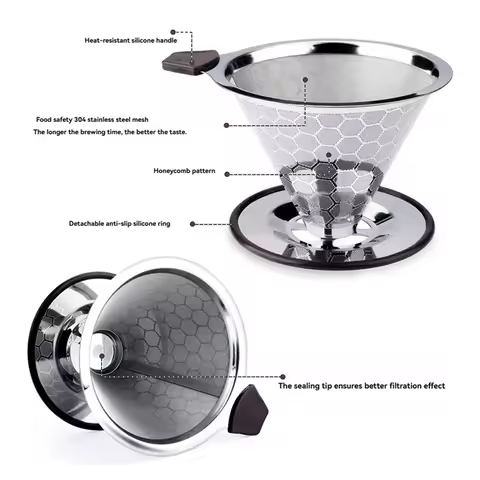 B98A-Pour Over Coffee Filter Dripper Reusable Stainless Steel Drip Coffee Maker Cone Coffee Mesh Fil