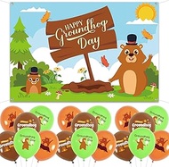 Fenyluxe Groundhog Day Backdrop Banner with 18 Pcs Balloons, Happy Groundhog Day Photography Backgro