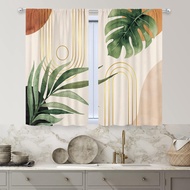 MESHELLY Boho Langsir Dapur 27.5Wx39H Inci Poket Rod Langsir Dapur Hijau Abstrak Hiasan Daun Palma A