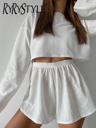 HiLoc ชุดนอนทรงหลวมสำหรับผู้หญิงเซต2ชิ้นแขนยาวสีขาวชุดนอนคอ O ชุดลำลองใส่อยู่บ้านกับกางเกงขาสั้นฤดูร