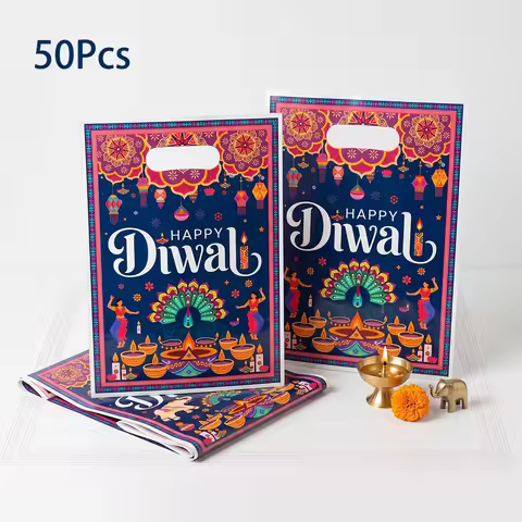 50Pcs Happy Diwali Theme OPP Gift Packing Bags Peacock Candle Candy Cookie Treat Bags for India Diwa