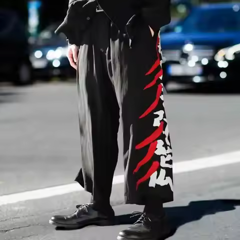 YOJI OOAK NAMO AMITABHA embroidered printed Tensilk Buddha tie nine-quarter pants