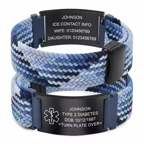 Personalized Medical Alert Bracelet Elastic Nylon Medical ID Bracelet with Engraved Tag Adjustable L