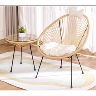 Minimalist PE Rope Rattan Outdoor Set 1 table 1 chair Balcony Patio with Seatpad Teak Weather Proof