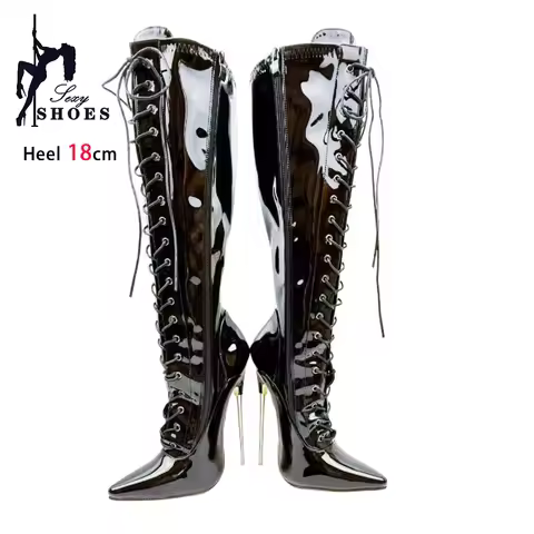 Black 18cm Metal Heel Knee High Women Boots Night Club Stage Pointed Toe Pole Dance Shoes Patent Lea
