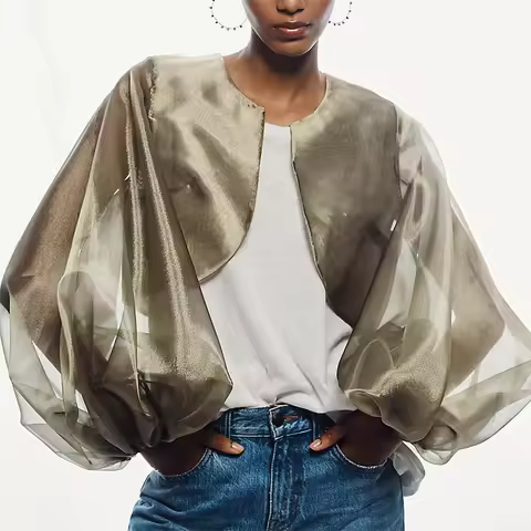 hirigin Womens Sheer Organza Shrug Cover Up Cropped Puff Bishop Sleeve Open Front Bolero See Through