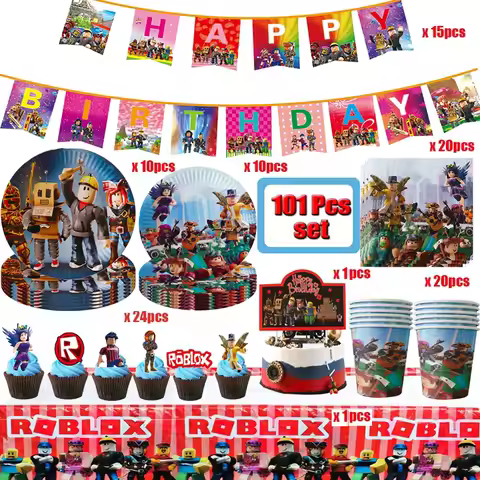 101Pcs Roblox Birthday Party Decoration Kit Disposable Tableware Cups Napkins Baby Shower Party Supp