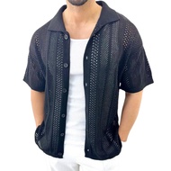 Mens Vintage Knitted Shirt Short Sleeve Lapel Hollow Out Shirt Button Down Casual Solid Color Shirt 
