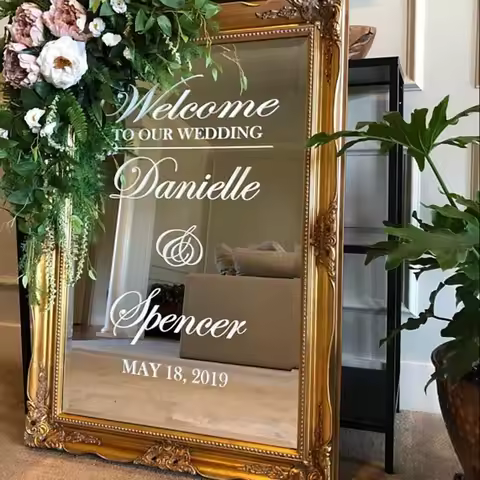 Wedding Welcome Mirror Vinyl Sticker Simple Design Personalized Names Decal Wedding Sign Mirror Deco