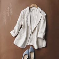【ACheter】 韓版薄款百搭棉麻七分袖西裝外套# 112361 M 米白色
