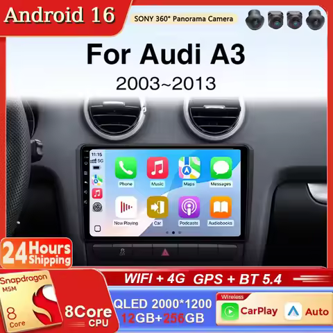 Android 16 Carplay Android auto Car Radio Multimedia Video Player Navigation HeadUnit For Audi A3 8P