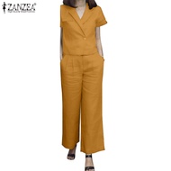 ZANZEA Women Casual Short Sleeve Turn-Down-Collar Solid Color Blazer +Side Pockets Pants Sets