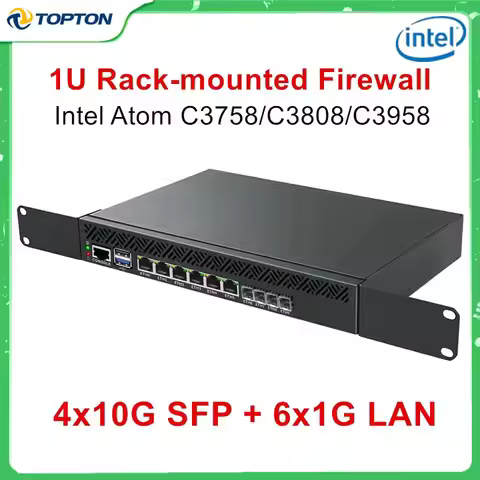 1U Rack Mounted Firewall Mini PC Intel Atom C3758 C3808 C3958 4*10G SFP 6*1G LAN DDR4 NVMe pfSense O