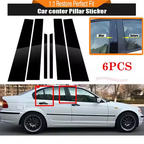 6PCS Gloss Black Silver Carbon B & C Pillar Cover For BMW E46 4-Door Sedan 1998-2005 Exterior Window
