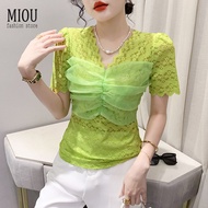 MIOU 2023 Summer Korean Fashion Sexy Top Foreign Style Small Top Bubble Sleeve V-Neck Lace Short Sleeve T-shirt Women
