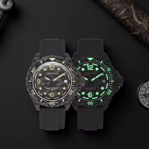DREAMAS Men's Carbon Fiber Automatic Mechanical Wristwatch Diving Watch Swiss Luminous 500m Water-Re
