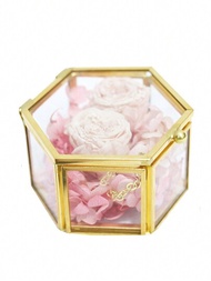 1入組極簡六角玻璃首飾盒-婚禮求婚戒指盒透明金色設計-存放和展示珠寶的理想禮物-生日禮物裝飾