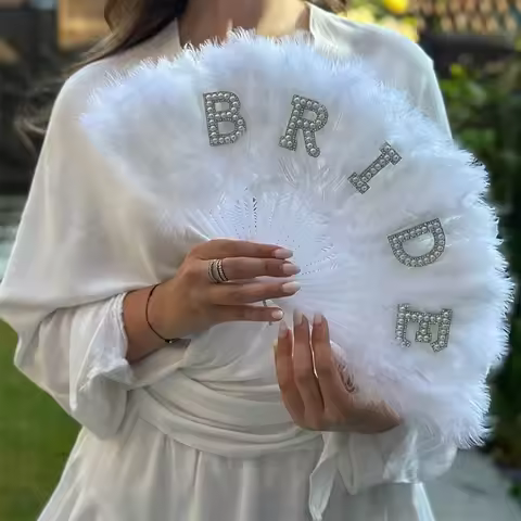 2026 Bridal White Feather Hand Fan with Rhinestone BRIDE Letter Bachelorette Party Wedding Shower Gi