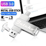 2 IN 1 USB3.0 OTG Flash Drive 128G/256G Memory Stick Thumb USB C Drive with Type C Lighting for Comp