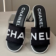 CHANEL 黑底白字字母跟鞋拖鞋 38號 有貼底