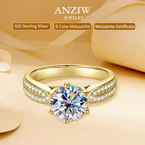 Anziw 1ct 2ct 3ct D Moissanite Ring for Women 925 Sliver 18k Gold Plated Classic Engagement Wedding 