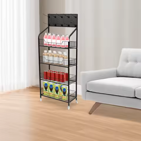 4-Tier Retail Display Rack. 50x27x140cm, 10kg/Shelf, Grid Design, 10 Hooks Included, Lockable Wheels