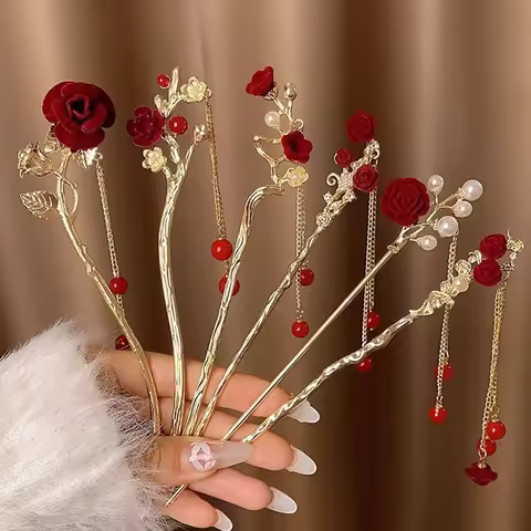 〔CC88〕 Red Rose Tassel Hair Sticks Chinese style Female Updo Hair Hairpin Valentine's Day Gift