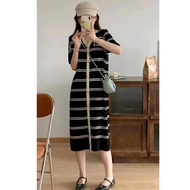 MD8D678# Striped Knit Midi Dress Korean Style.
