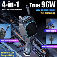 4 in 1 Retractable Car Charger True 96W Fast Charging Adapter With USB C Type-C & Lightening Cable F