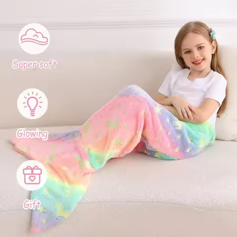 Mermaid Tail Glowing Blanket Cute Plush Fluffy Soft Blankets for Kids Girls Warm Cartoon Glow in The