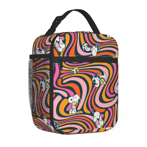 Snoopy & Woodstock Groovy Vibes Purple Pattern Insulated Lunch Bags Leakproof Reusable Cooler Bag To