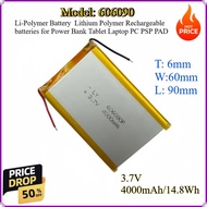 606090 Li-Polymer Battery 3.7V 4000mAh 14.8Wh Lithium Polymer Rechargeable batteries for Power Bank 