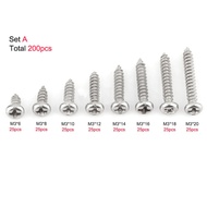200pcs M3 304 Stainless Steel Pan Flat Head Self-Tapping Screws Assortment Kits