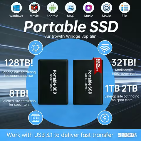 32TB High-Speed Portable SSD External Hard Drive USB 3.1 Type-C for Phone/Laptop/Mac/PC 2TB 4TB Mass