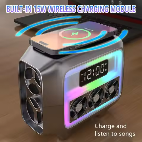 Bluetooth Speaker Stereo Loudspeaker Wireless Charger Pad Led Light Alarm Clock Fast Charging Statio