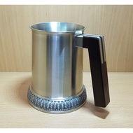 Pewter Drinking Mug With Wooden Handle And Art Leaf Design On Bottom