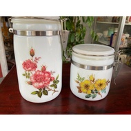Japan surplus set of 2 Cellarmate retro milk glass pink/yellow floral pattern airtight canister