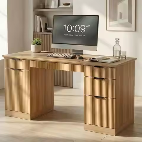 58 Executive Desk with Charging Station amp File Drawer, Modern Fluted Home Office Desk with 5 Drawe