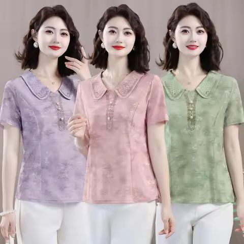 Women's Short Sleeve Blouse Peter Pan Collar Floral Jacquard Top Pearl Button Detail Lightweight Dre