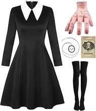 Mrsclaus Halloween Costume Set for Addams Family with Thing Hand Knee Stockings Black Dress Women's 