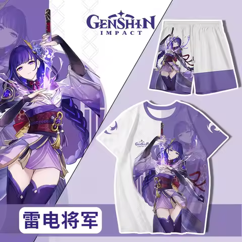 Popular Genshin Impact T-shirts Shorts Set 3D Raiden Shogun Print Tee Suit Summer Men Women Y2k Trac