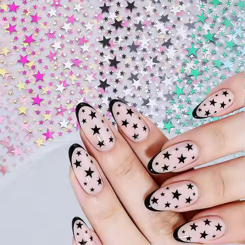 1pcs Y2K Black White Gold Siver Stars Nail Stickers 3D Shiny Pentagram Star Nail Decals 8*10cm Self-