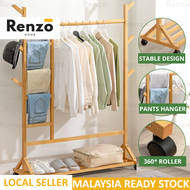 RENZO HOME Bamboo Solid Wood Clothes Wardrobe Roller Rack Cabinet Hanger Hanging Pole Almari Buluh P