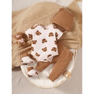 4PCS Clothing Set 0-9 Months Newborn Baby Boy Bear Short Sleeve Romper+Pants+Hat+Sock Infant Baby Fu