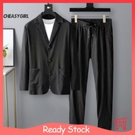 [chea]   1 Set Autumn Men Blazer Pants Stripe Pleats Jacket Drawstring Pants Casual Suit for Wedding