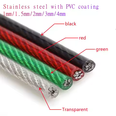 10M to 100M/lot 1mm 1.5mm 2mm 3mm 4mm Green/Red/Black/Transparent Color PVC Plastic Coated Stainless