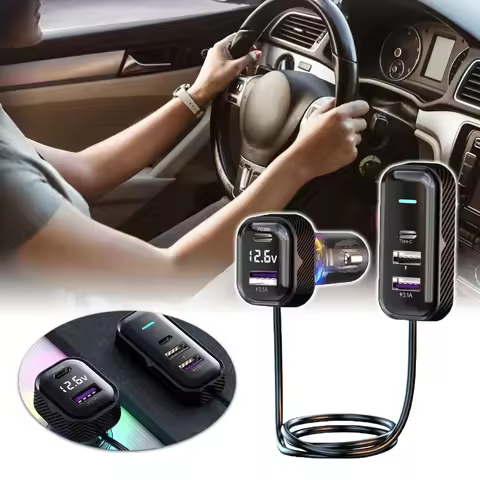 75W Car Charger Adapter 5 in 1 Row with Clips Fast Charging Type C Slot 1.5M Extension Cable 12v-24v